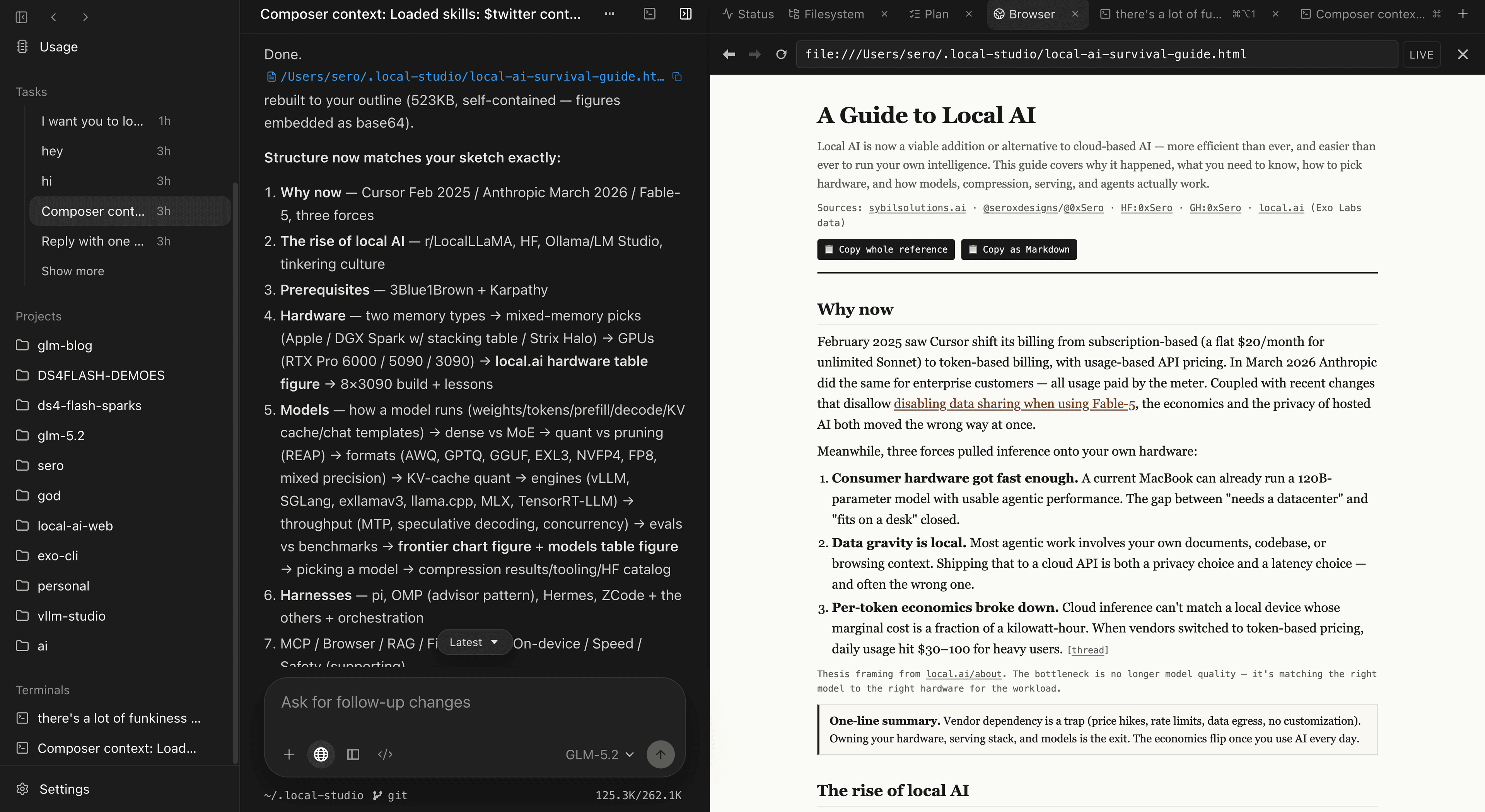 Local Studio workbench showing a coding agent and a local document in the integrated browser.