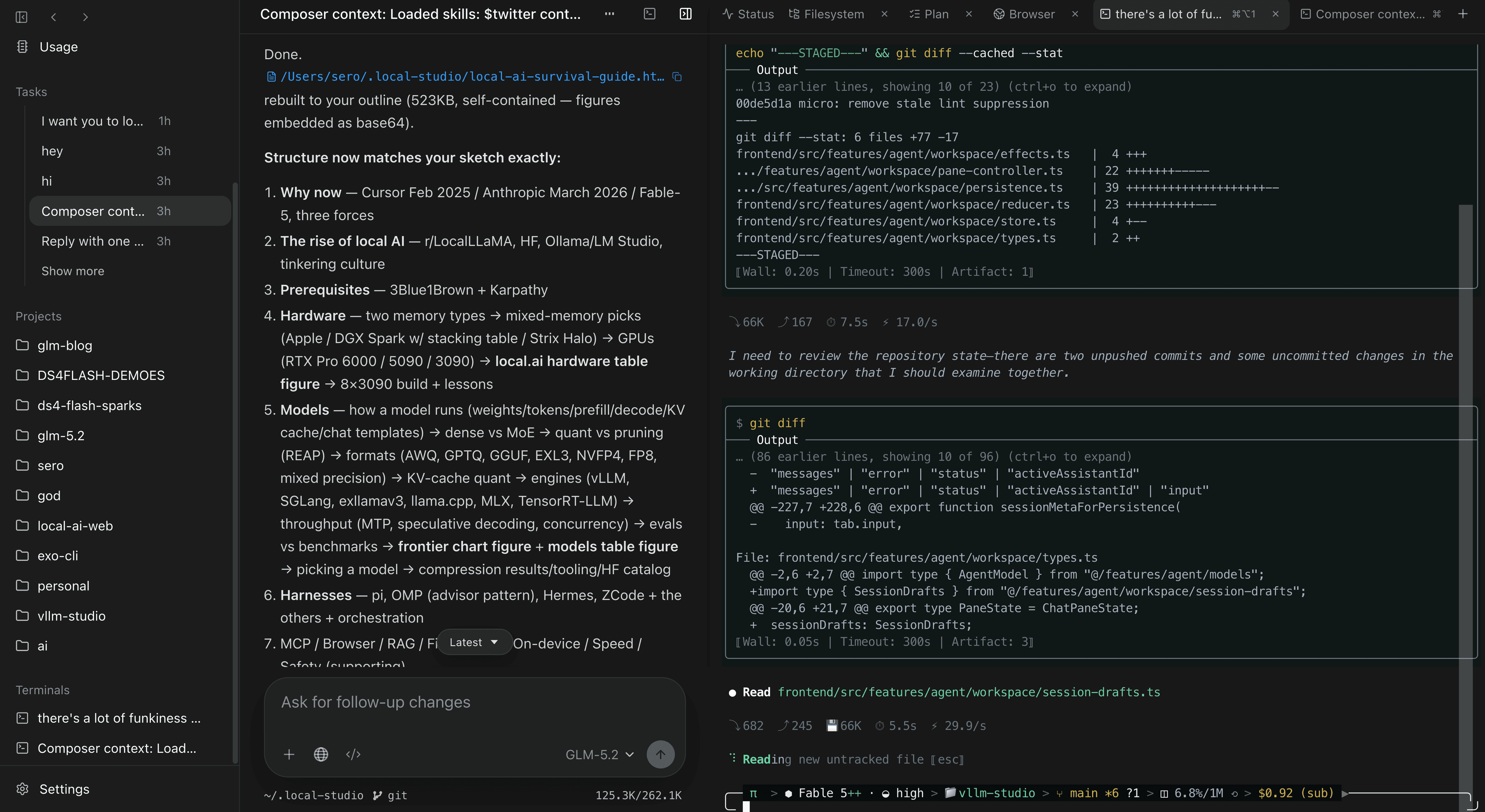 Local Studio workbench with agent reasoning, terminal output, repository changes, and tool activity.